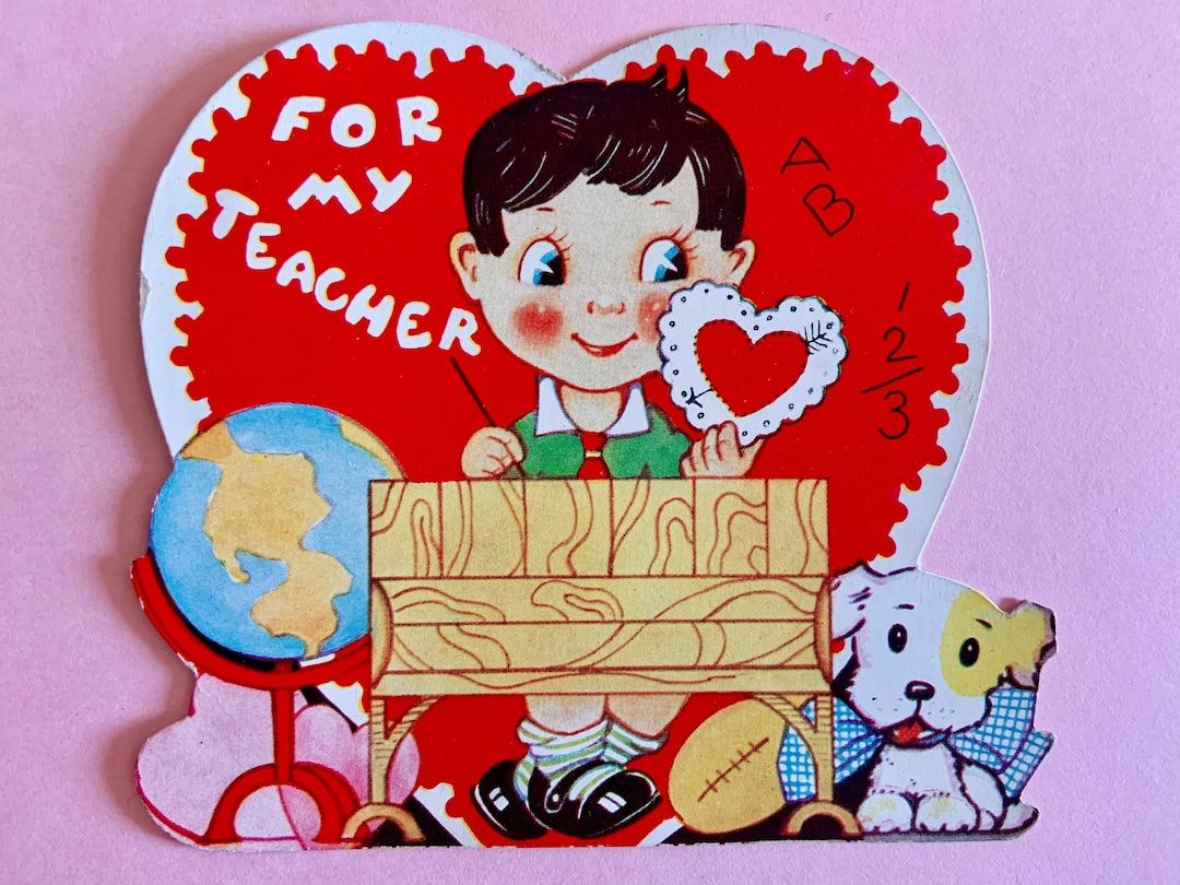 Vintage Valentines Day Card for Teacher Boy With Puppy and Globe - Etsy