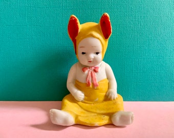 Vintage Bisque Easter Bunny Baby Child in Yellow Rabbit Bonnet and Swaddled in Blanket