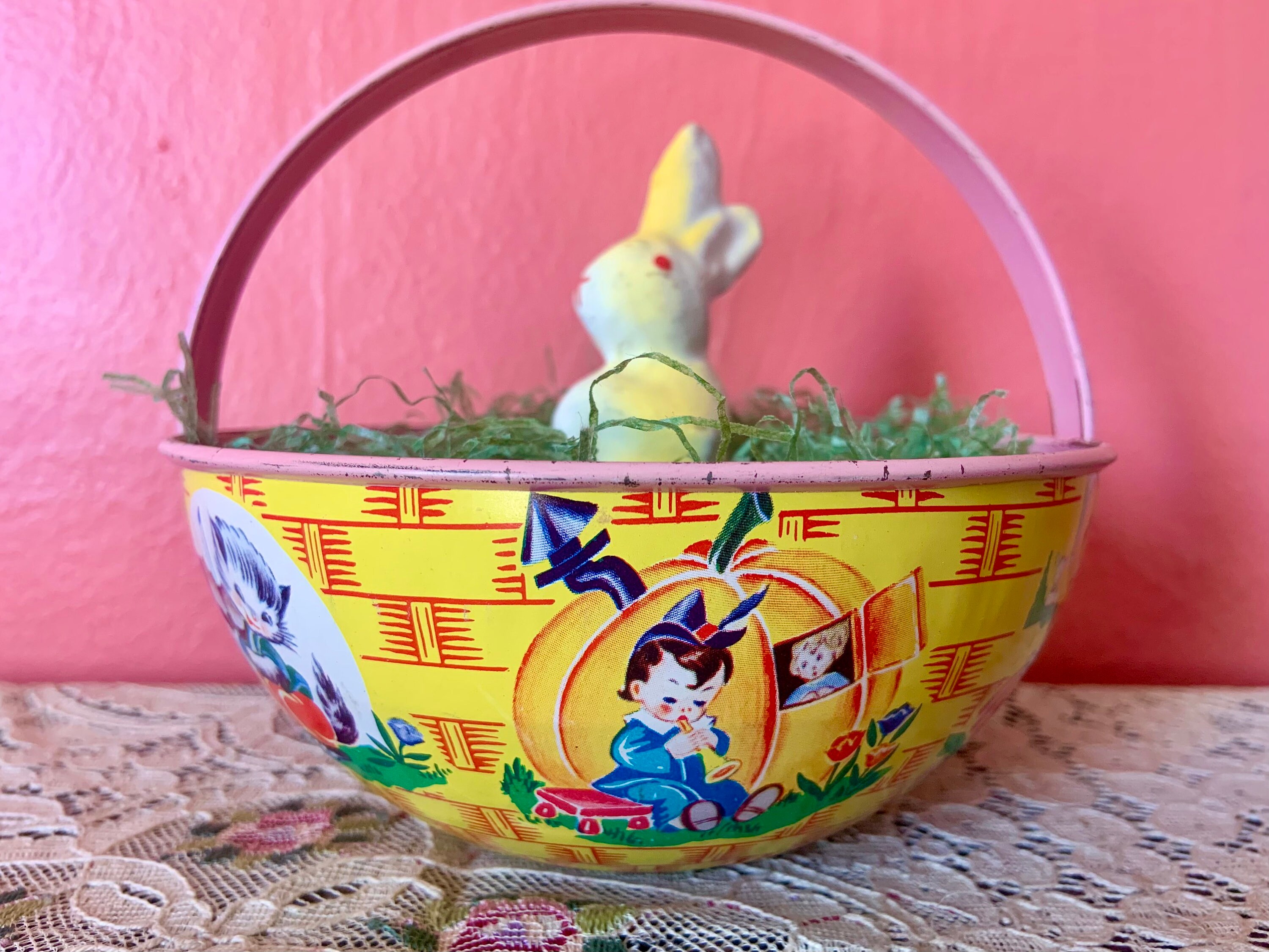 Easter Basket Vintage Home Decor Chein Tin Litho Basket Nursery Rhyme