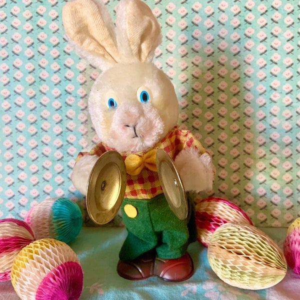 Vintage Mechanical Wind Up Bunny Rabbit Playing Cymbals Anthropomorphic Stuffed Easter Bunny
