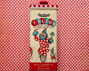 Vintage Rawleigh's Talcum Powder Tin with Clown and Circus Theme