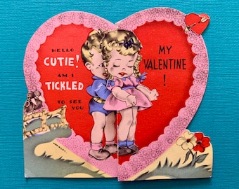 Vintage Valentines Day Card Little Boy Tickling Little Girl