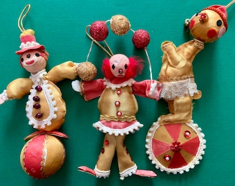 Vintage Set of 3 Clown Christmas Ornaments Made in Japan Kitschy Circus Theme