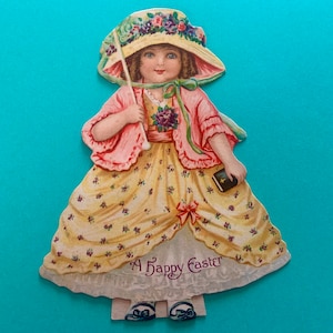 Vintage Ostern Grußkarte Mädchen im hübschen Kleid mit Bibel fehlt Sonnenschirm