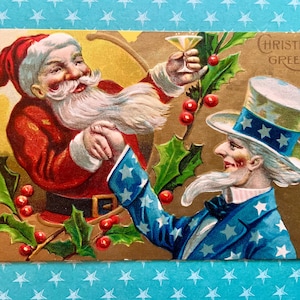 Carte postale de Noël vintage inutilisée représentant le père Noël et l'oncle Sam se serrant la main en relief