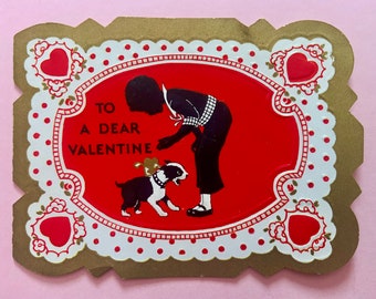 Vintage Valentines Day Card Little Boy with French Bull Terrier Surrounded by Hearts and Polka Dots