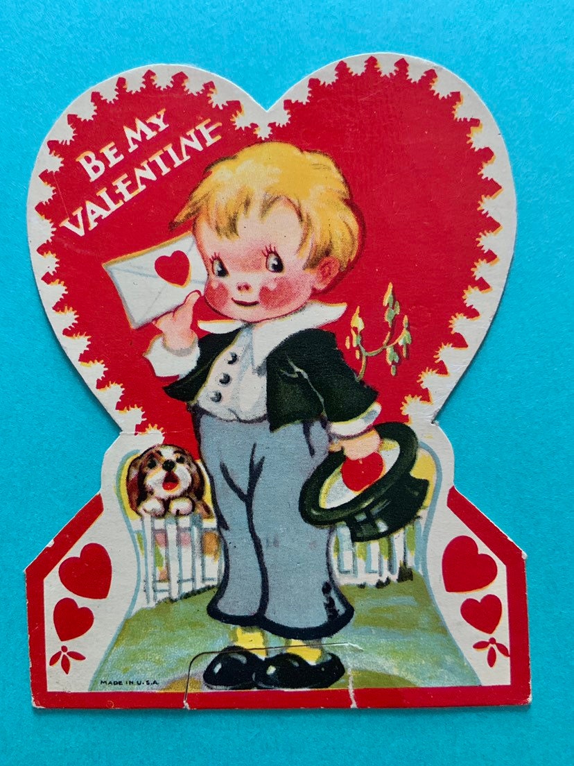 Vintage Valentine's Day Card Blonde Boy Holding Love Letter 