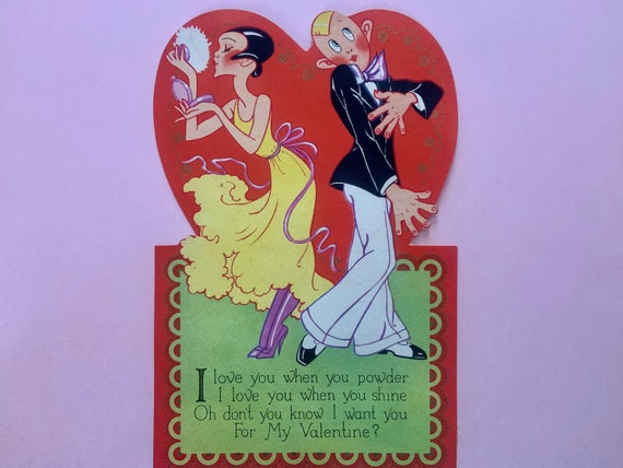 Large Vintage Valentines Day Card Flapper Girl Powders Her Nose While Boy  Swoons Carrington Card 