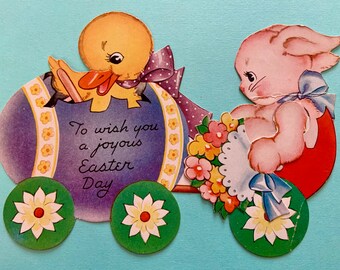 Large Vintage Unused Mechanical Easter Greeting Card Chick and Bunny Rabbit in an Egg Automobile