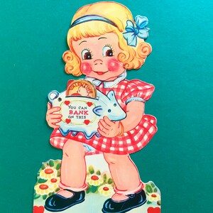 Large Vintage Mechanical Valentines Day Card Girl in Gingham Dress and Piggy Bank