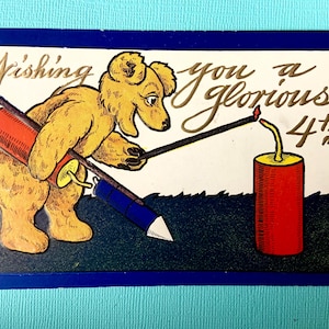 vintage carte postale du 4 juillet inutilisée carte gaufrée pétard allumant ours