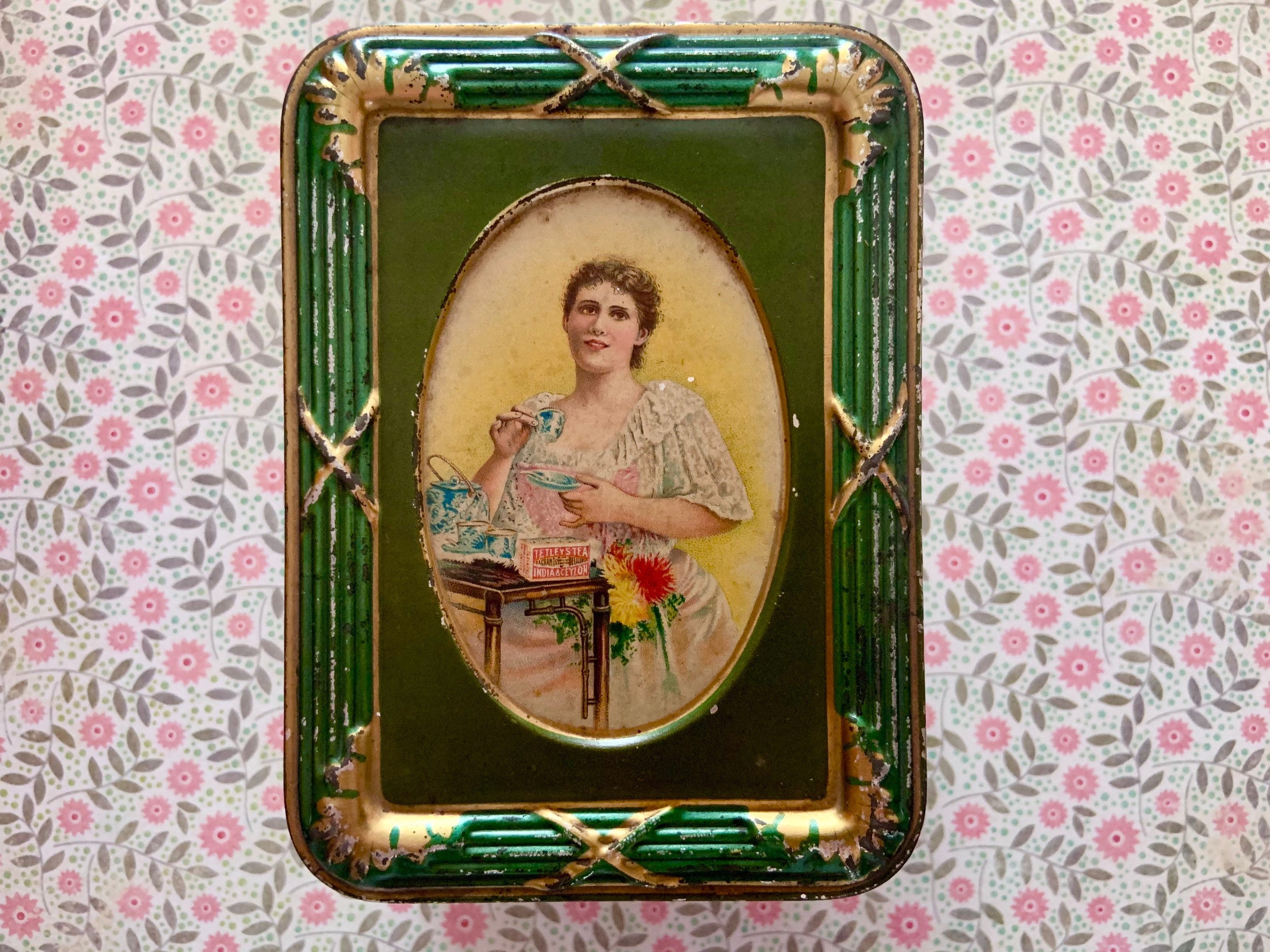 Vintage Tetley Tea Tin Box With Victorian Era Woman and Art