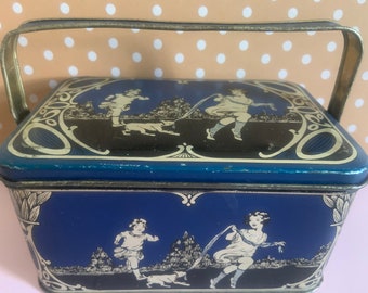 Vintage Tin Litho Container with Handle Silhouettes of Children Playing Lunch Box or Sewing Box