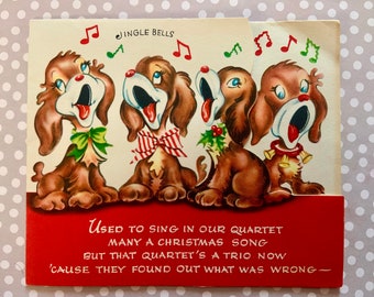 Vintage Christmas Card Quartet of Dogs Singing Christmas Carols Signed