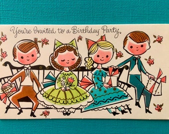 1 Vintage Unused Birthday Party Invitation Mid Century Boys and Girls Dressed for Square Dance