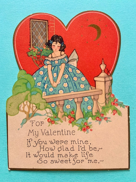 Vintage Valentines Day Card Pretty Girl in Gown Looks Sad Wishing