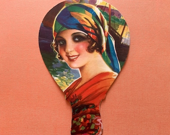 Vintage 1920&#39;s Cardboard Hand Fan with Flapper Girl Image Spanish Advertising on Back