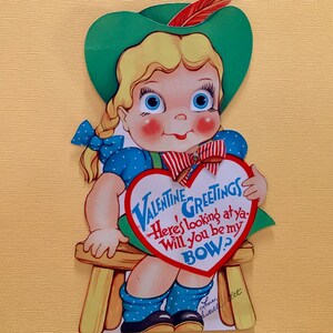 Large Vintage Mechanical Valentines Day Card Girl with Polka Dot Dress and Big Googly Eyes