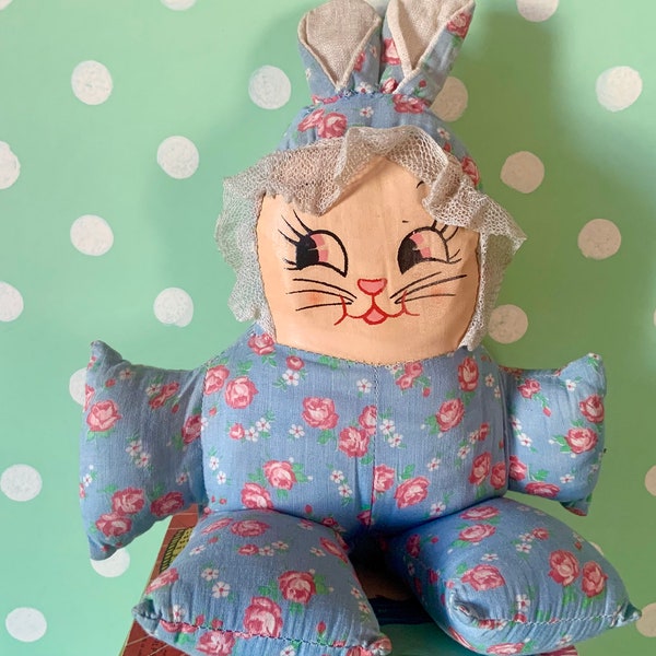 Vintage Stuffed Rabbit Easter Bunny with Oil Cloth Face and Handmade Flour Sack Body
