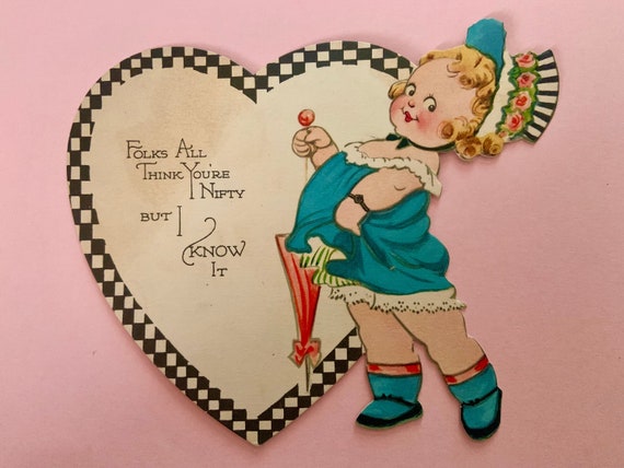 Vintage Valentines Day Card Cute Chubby Girl in Fancy Clothes