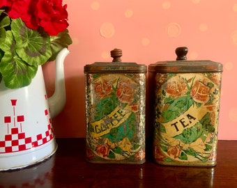 Vintage Set of Coffee and Tea Canisters Tin Containers with Hinged Lids and Floral Design Shabby
