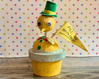 Vintage Easter Candy Container Paper Mache Chick with Bobble Head and Glitter Holding Flag Japan