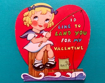 Vintage Unused Valentines Day Card Little Girl with Curls Fishing off of Pier