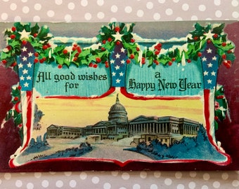 Vintage Unused Happy New Year Postcard with US Capitol Patriotic Red White and Blue