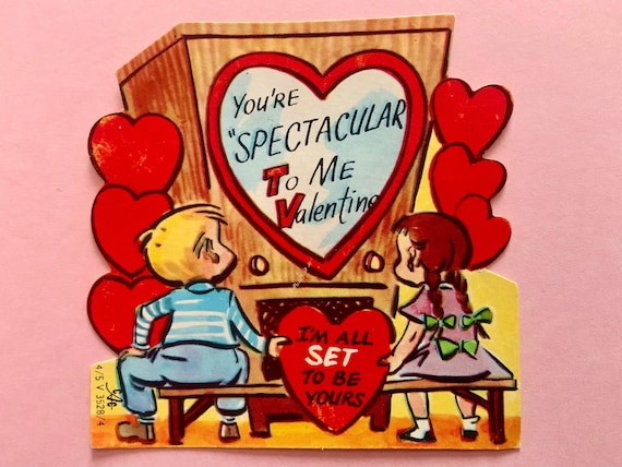 Vintage Valentines Day Card Mid Century Boy and Girl in Front of