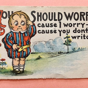 vintage Postcard Boy est Striped Playsuit Worries Big Eyed Child Chloe Preston Illustration