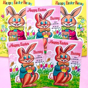 5 decoraciones vintage de fiesta de conejito de Pascua de cartón recortado y conejito antropomórfico de pie