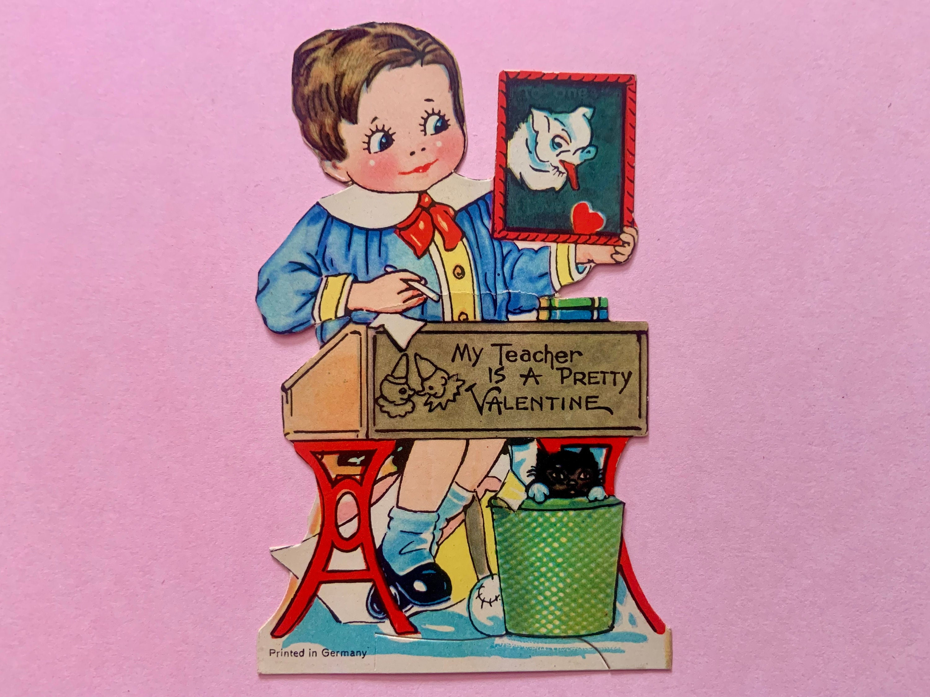 Vintage Valentines Day Card Boy Draws Funny Picture of His School Teacher
