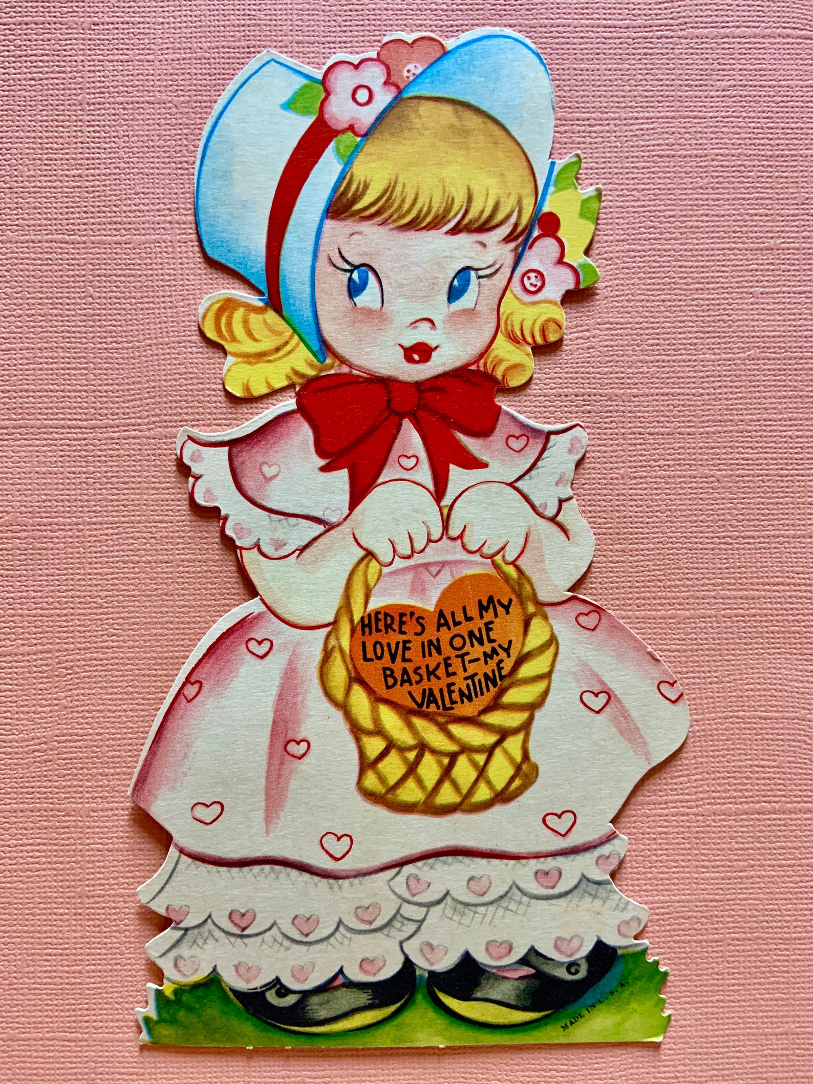 Large Vintage Valentines Day Card Shy Blonde Girl with Basket | Etsy