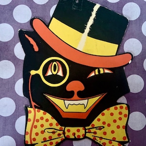 Vintage 6 x 9 Halloween Black Cat Luhrs Die Cut Wall Decor Top Hat Bow Tie and Monocle