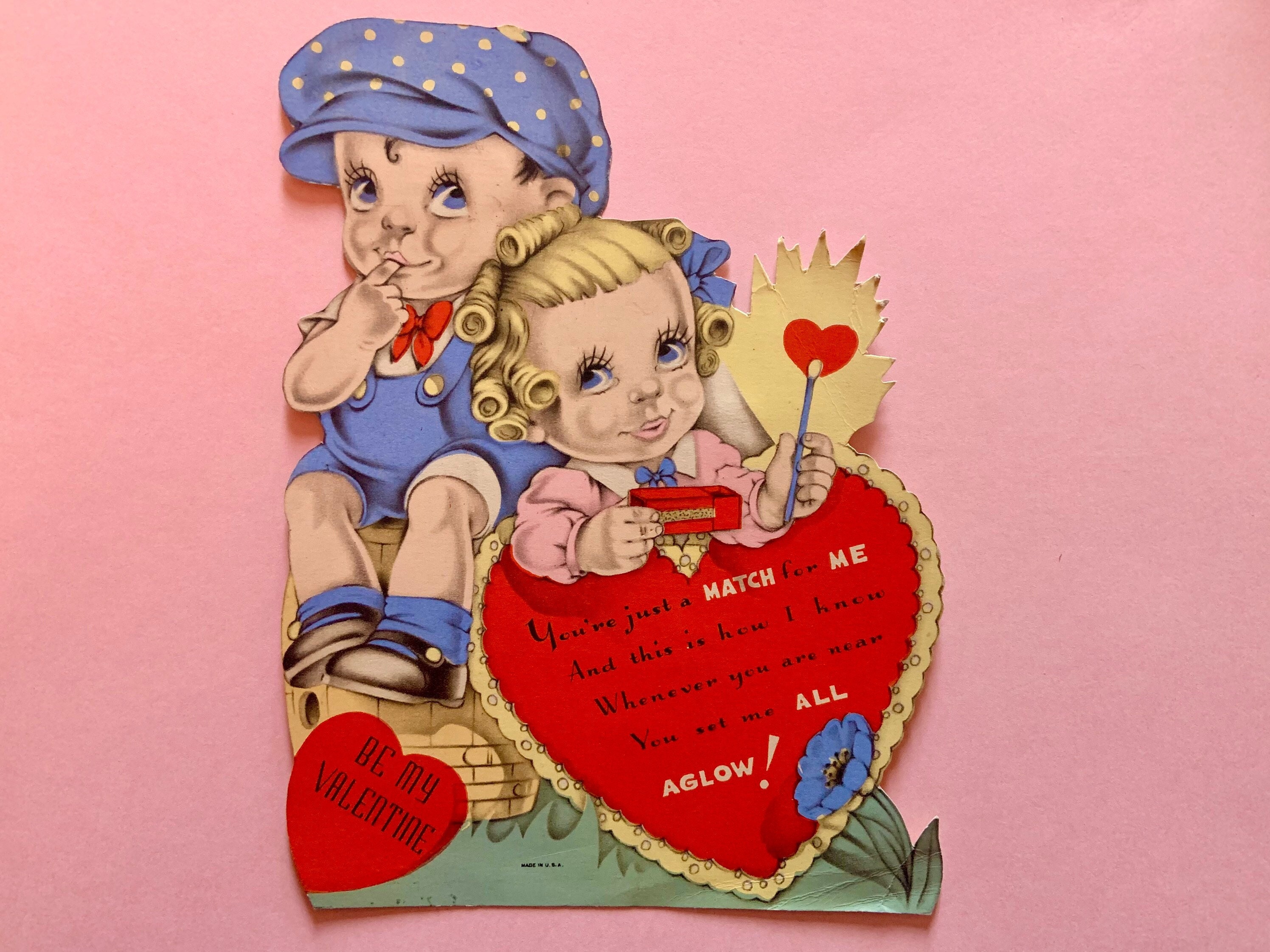 Large Vintage Valentines Day Card Creepy Boy and Girl With Lit Match 