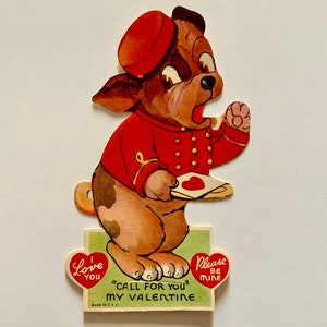 vintage Carte de Saint-Valentin inutilisée Chien anthropomorphe en uniforme Bellhop Bell Boy
