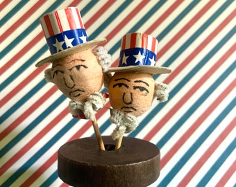 Vintage Pair of 4th of July Uncle Sam Party Picks Spun Cotton Heads with Pipe Cleaner Beards Japan