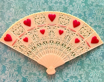 Large Vintage Valentines Day Plastic Hand Fan Made in Hong Kong for FTD Embossed Hearts