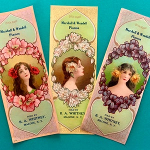 3 Marcadores publicitarios vintage Marshall y Wendell Pianos Art Nouveau Imágenes de mujeres