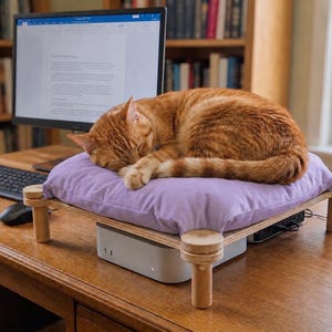May include: A ginger tabby cat sleeping on a light purple square cushion. The cushion is supported by a wooden stand with four cylindrical legs, positioned over a silver computer component on a wooden desk surface near a computer monitor.