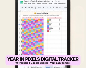 Year In Pixels Tracker – Google Sheets Bullet Journal & Habits Log (Digital Download)