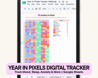 Year In Pixels Digital Tracker – Habits Log | Mood Tracker | Anxiety Tracker | Sleep Tracker | Google Sheets (Digital Download)