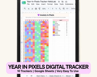 Year In Pixels Tracker – Google Sheets Bullet Journal & Habits Log (Digital Download)