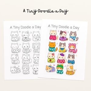 Op de afbeelding: Twee prints met cartoonkatten. Eén print is zwart-wit, de andere is in kleur. De katten dragen truien, hoeden en sjaals. De tekst "A Tiny Doodle a Day" staat bovenaan elke print.