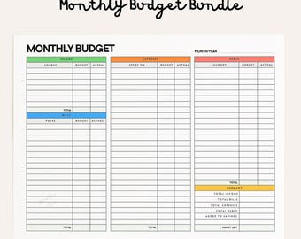 May include: A Monthly Budget Bundle printable sheet featuring a Monthly Budget header. The document is divided into three main columns for Income, Expenses, and Debts, with sub-sections for Source, Budget, Actual, Payee, and a Summary section at the bottom.