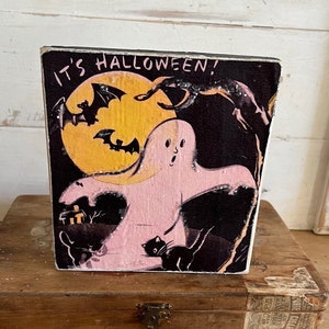 Vintage Halloween Fall Ghost Moon Bats Block Wood Sign glitter Rustic Farmhouse Cottage Rustic  Autumn Tray Cart shelf