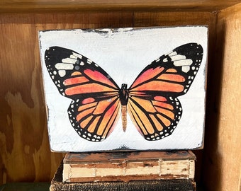 Vintage Monarch Butterfly Floral flowers Block Sign Wood Rustic Farmhouse Garden Tiered Tray