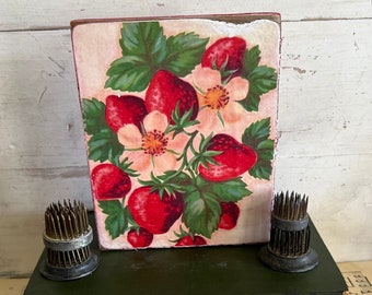 Vintage Strawberry Strawberries Block Sign Wood Rustic Farmhouse Tiered Tray Garden Summer Spring Fruit Country Living Farmers Market
