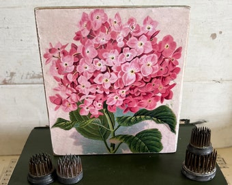 Vintage Pink Hydrangea Floral Flower block Sign Wood Rustic  farmhouse Tray Cottage Primitive Country Living Spring Garden