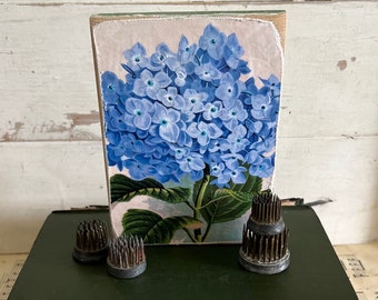 Vintage Blue Hydrangea Floral Flower block Sign Wood Rustic  farmhouse Tray Cottage Primitive Country Living Spring Garden